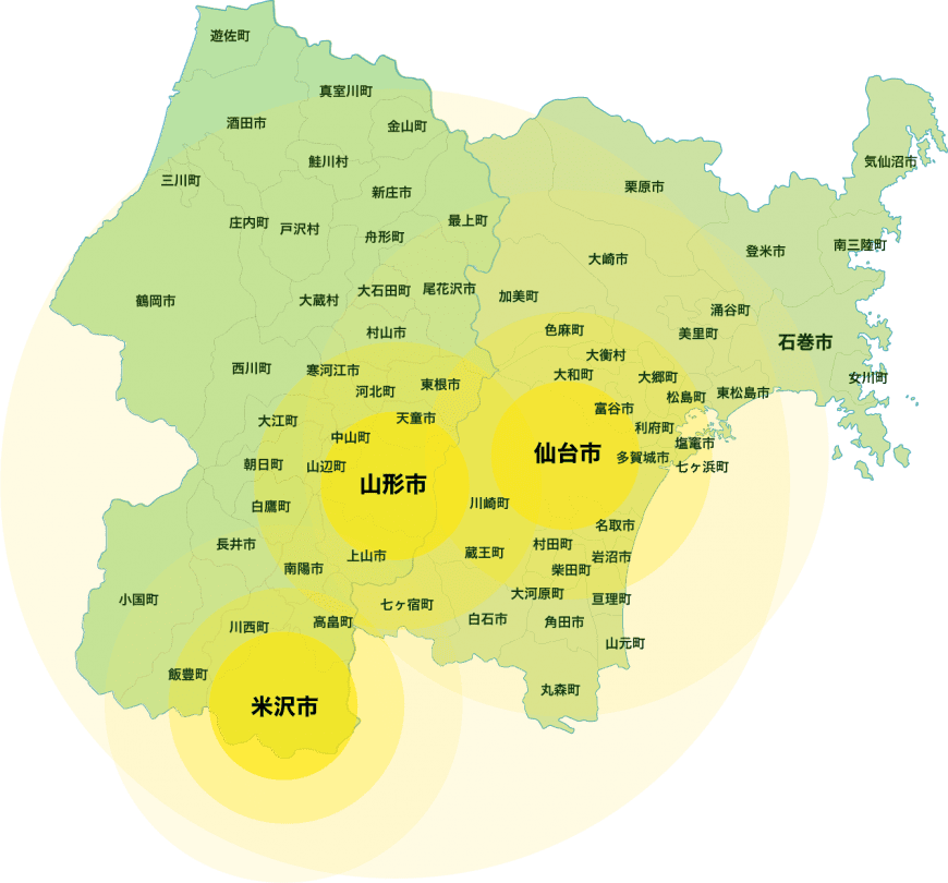 宮城県と山形県の対応地域マップ
